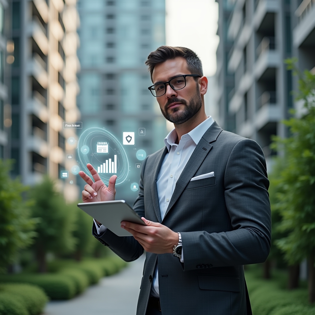 (Ultra-realistic condominium manager in a charcoal gray suit, set in a modern luxury condominium environment with high-rise buildings and lush green landscaping, holding a tablet and pointing at a holographic app interface displaying financial charts and reservation icons, floating symbols of a calendar, shield, and coin stack around them, confident expression, cinematic lighting, shallow depth of field, highly detailed textures, realistic skin, photographic realism, 8k resolution --ar 1:1 --v 6)
