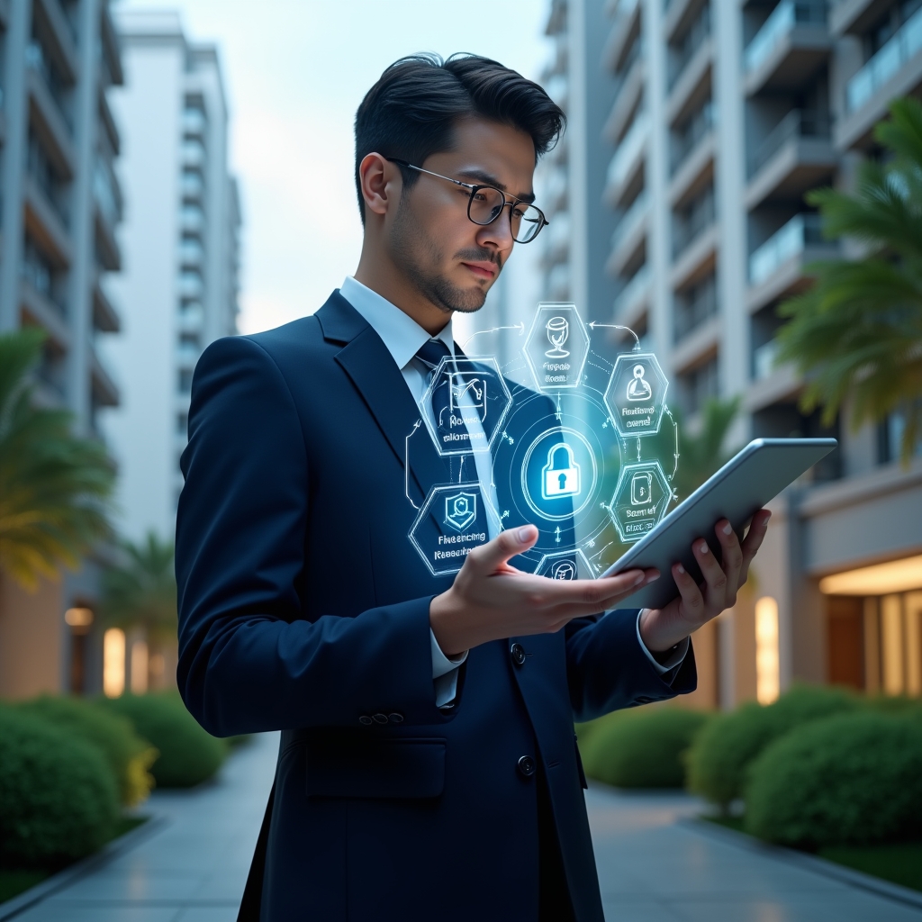 Ultra-realistic condominium manager in a dark blue executive suit, set in a modern luxury condominium environment with high-rise buildings and lush green landscaping, holding a transparent tablet displaying holographic icons for communication, finance, security and reservation features, confidently analyzing the virtual interface, cinematic lighting, shallow depth of field, highly detailed textures, realistic skin, photographic realism, 8k resolution --ar 1:1 --v 6