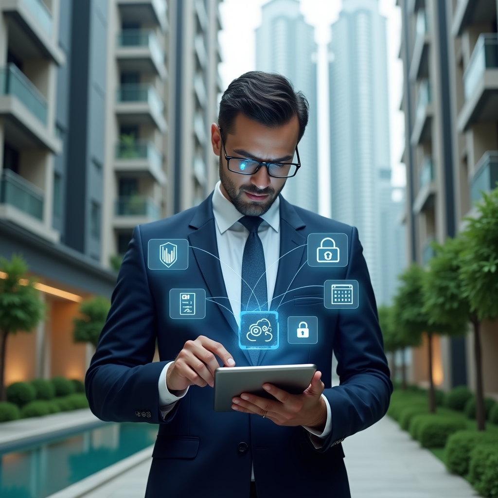 (Ultra-realistic condominium manager in a navy blue executive suit, set in a modern luxury condominium environment with high-rise buildings and lush green landscaping, holding a tablet with floating holographic icons representing financial charts, reservation calendars, security locks and chat bubbles, confidently pointing at the app interface, cinematic lighting, shallow depth of field, highly detailed textures, realistic skin, photographic realism, 8k resolution --ar 1:1 --v 6)
