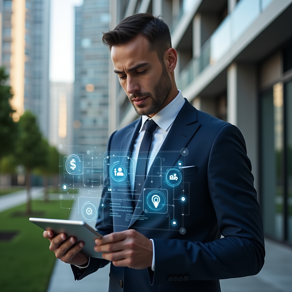 Ultra-realistic condominium manager in a tailored dark blue suit, set in a modern luxury condominium environment with high-rise buildings and manicured green landscaping, analyzing a holographic digital dashboard projected from a sleek tablet displaying icons for finance, reservations, security, communication and maintenance, confident expression, cinematic lighting, shallow depth of field, highly detailed textures, realistic skin, photographic realism, 8k resolution --ar 1:1 --v 6