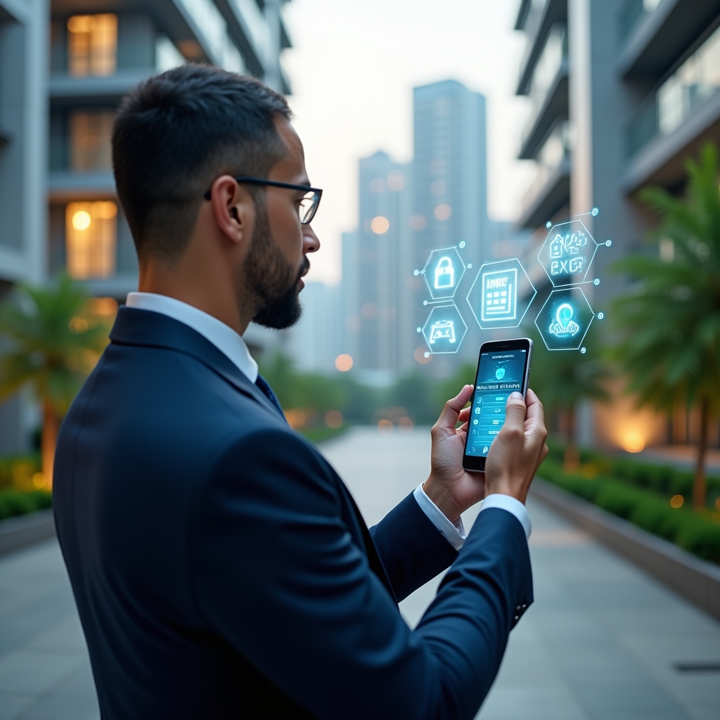 (Ultra-realistic condominium manager in a navy executive suit, set in a modern luxury condominium environment with high-rise buildings and lush green landscaping, holding a holographic smartphone interface displaying icons for access control, calendar, maintenance and finance, confidently analyzing the floating app functions, cinematic lighting, shallow depth of field, highly detailed textures, realistic skin, photographic realism, 8k resolution --ar 1:1 --v 6)