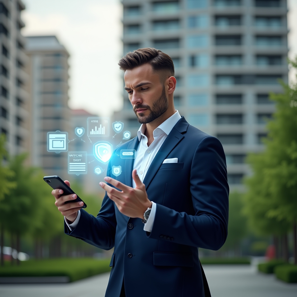 (Ultra-realistic condominium manager in a sleek navy suit, set in a modern luxury condominium environment with high-rise buildings and lush green landscaping, holding a smartphone and interacting with a floating holographic interface displaying chat bubbles, security shield, and financial charts, confident and focused expression, cinematic lighting, shallow depth of field, highly detailed textures, realistic skin, photographic realism, 8k resolution --ar 1:1 --v 6)