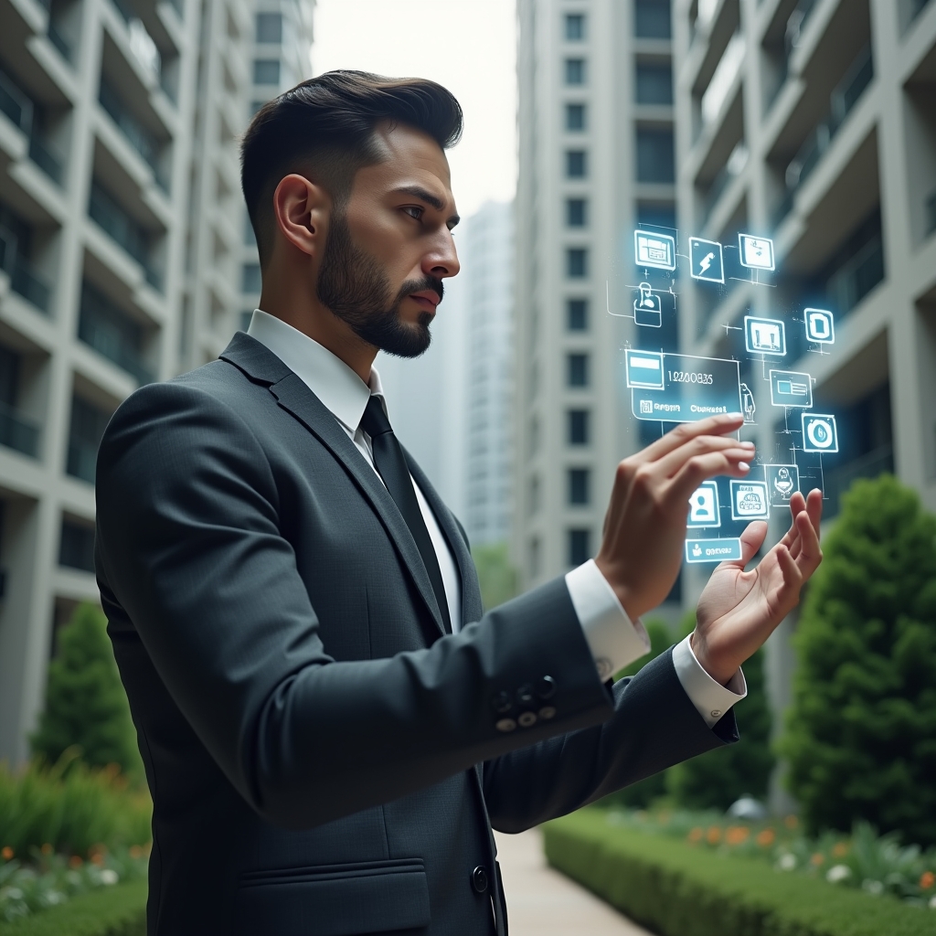 (Ultra-realistic condominium manager in a charcoal gray executive suit, set in a modern luxury condominium environment with high-rise buildings and manicured green landscaping, interacting with a floating holographic interface displaying icons for messaging, calendar reservations, billing, access control and maintenance tasks, confident and focused expression, cinematic lighting, shallow depth of field, highly detailed textures, realistic skin, photographic realism, 8k resolution --ar 1:1 --v 6)