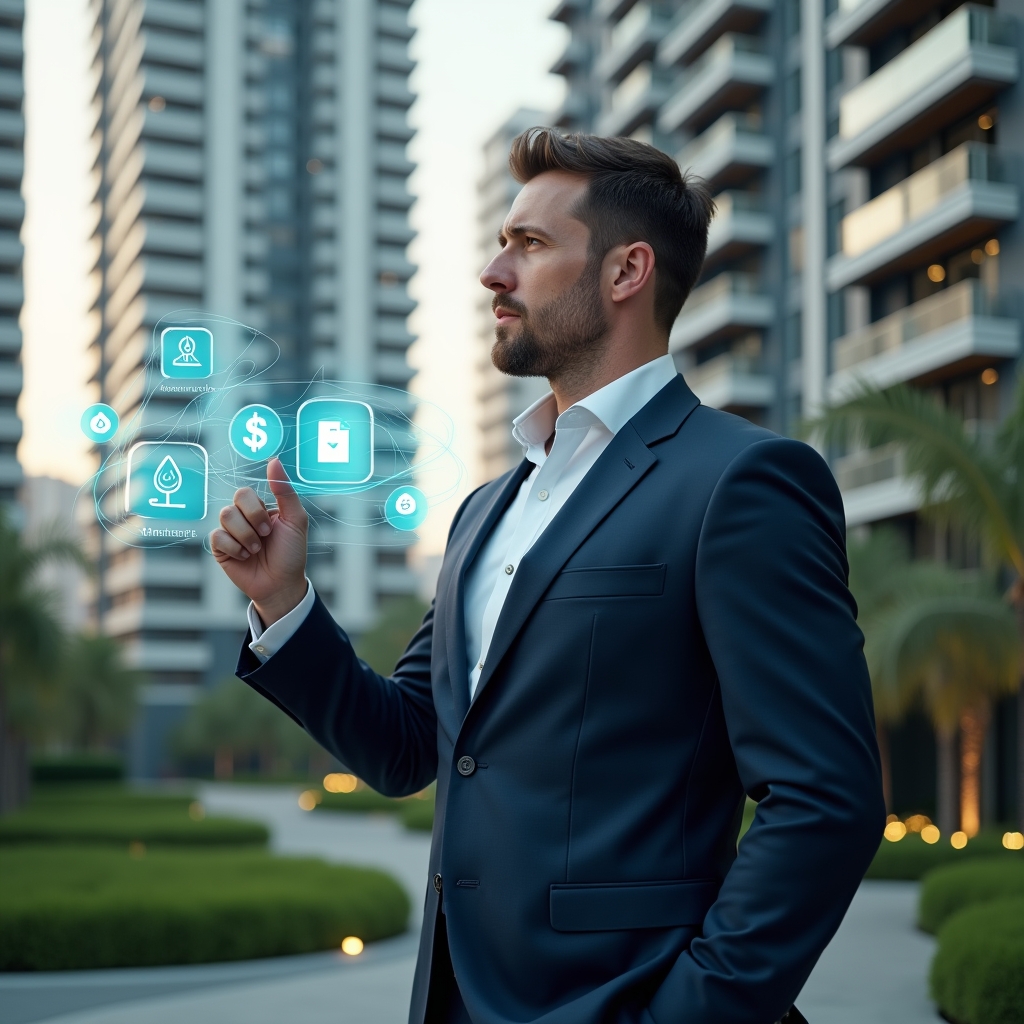 (Ultra-realistic property manager in a tailored navy suit, set in a modern luxury condominium environment with high-rise buildings and manicured greenery, confidently pointing at floating holographic charts, contract icons, light-bulb and water-drop symbols representing cost-reduction strategies, cinematic lighting, shallow depth of field, highly detailed textures, realistic skin, photographic realism, 8k resolution --ar 1:1 --v 6)