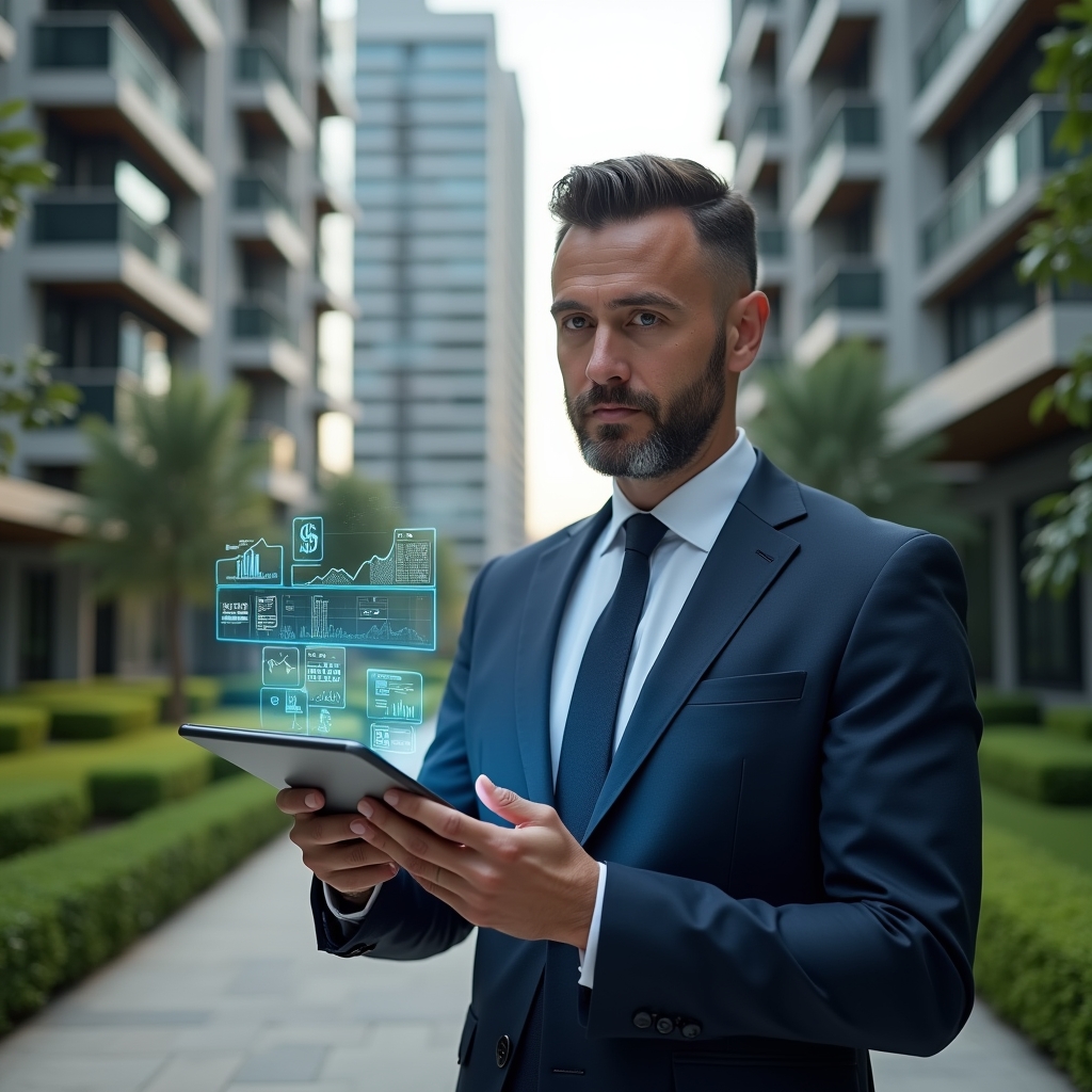 Ultra-realistic condominium manager in a navy blue suit, set in a modern luxury condominium environment with high-rise buildings and meticulously landscaped gardens, holding a tablet displaying holographic financial charts and digital UI icons representing an condomínio management app, confident and analytical expression, cinematic lighting, shallow depth of field, highly detailed textures, realistic skin, photographic realism, 8k resolution --ar 1:1 --v 6