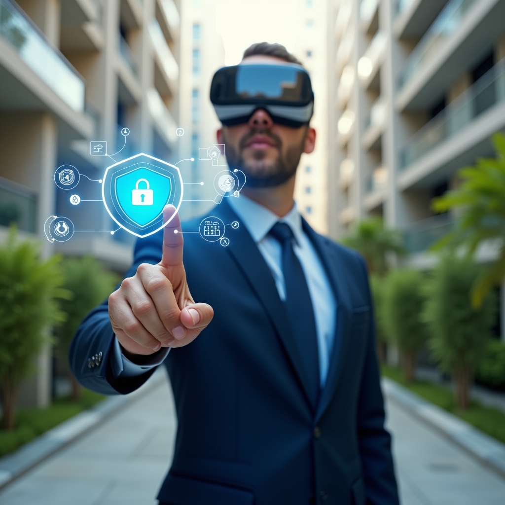 (Ultra-realistic condominium manager in a navy executive suit, set in a modern luxury condominium environment with high-rise buildings and lush green landscaping, confidently pointing at a floating holographic dashboard displaying security shield, clock and currency icons representing safety, agility and savings, cinematic lighting, shallow depth of field, highly detailed textures, realistic skin, photographic realism, 8k resolution --ar 1:1 --v 6)