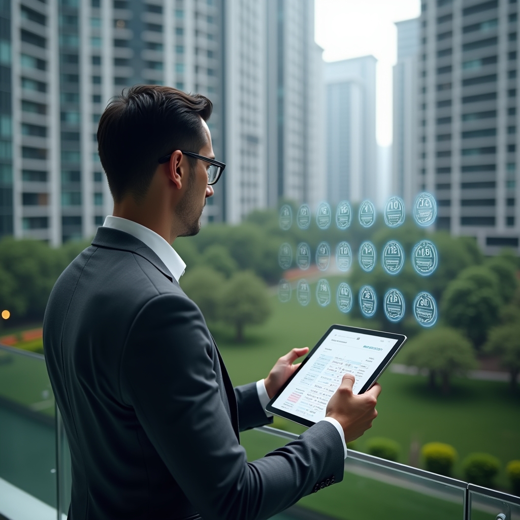 (Ultra-realistic condominium manager in a charcoal gray suit, set in a modern luxury condominium environment with high-rise buildings and meticulously landscaped greenery, analyzing holographic financial reports projected above a sleek tablet, transparent ledger icons and 10 numbered steps floating around, cinematic lighting, shallow depth of field, highly detailed textures, realistic skin, photographic realism, 8k resolution --ar 1:1 --v 6)