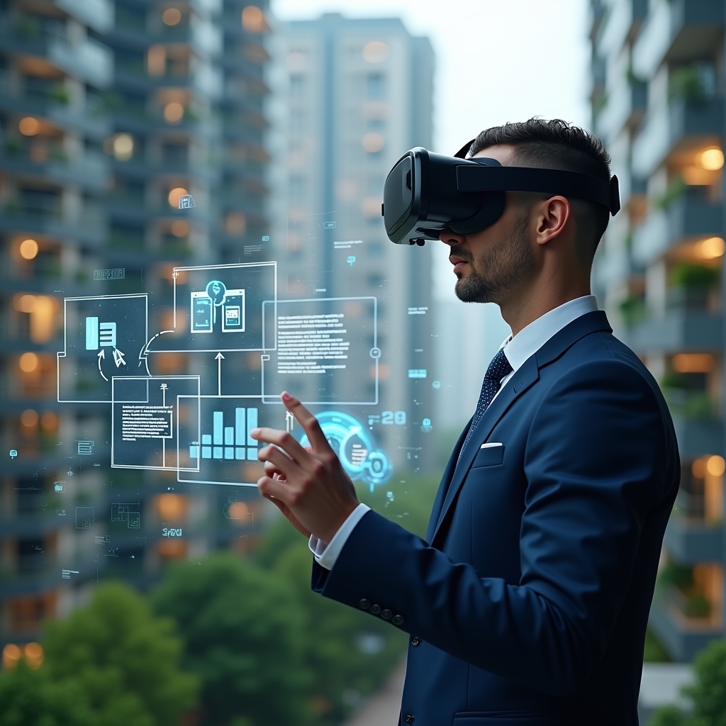 Ultra-realistic condominium manager in a navy-blue suit, set in a modern luxury condominium environment with high-rise buildings and meticulously landscaped greenery, analyzing a holographic interface displaying payment icons, negotiation charts and chat bubbles symbolizing communication and incentives, confident and focused expression, cinematic lighting, shallow depth of field, highly detailed textures, realistic skin, photographic realism, 8k resolution --ar 1:1 --v 6