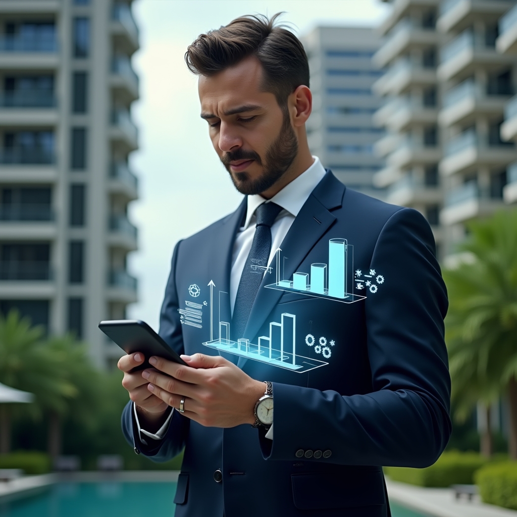 Ultra-realistic condominium manager in a navy suit, set in a modern luxury condominium environment with high-rise buildings and lush green landscaping, mid-shot close-up, confidently reviewing a holographic tablet projection from his smartphone displaying budget approvals and expense charts, floating icons of currency symbols, checkmarks and gears around him, cinematic lighting, shallow depth of field, highly detailed textures, realistic skin, photographic realism, 8k resolution --ar 1:1 --v 6