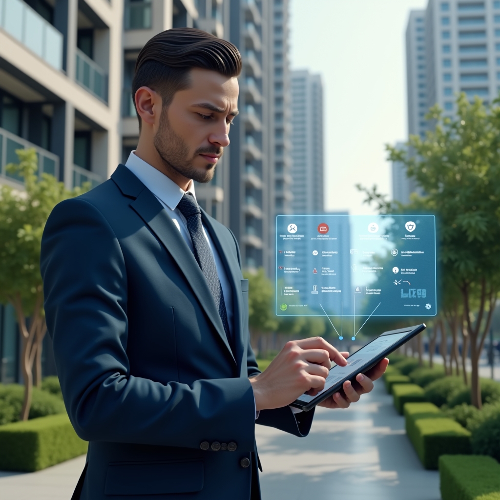 Ultra-realistic condominium manager in a navy blue tailored suit, set in a modern luxury condominium environment with high-rise buildings and manicured green landscaping, holding a digital tablet and interacting with a translucent holographic schedule displaying maintenance, cleaning and security icons, confident and focused expression, cinematic lighting, shallow depth of field, highly detailed textures, realistic skin, photographic realism, 8k resolution --ar 1:1 --v 6