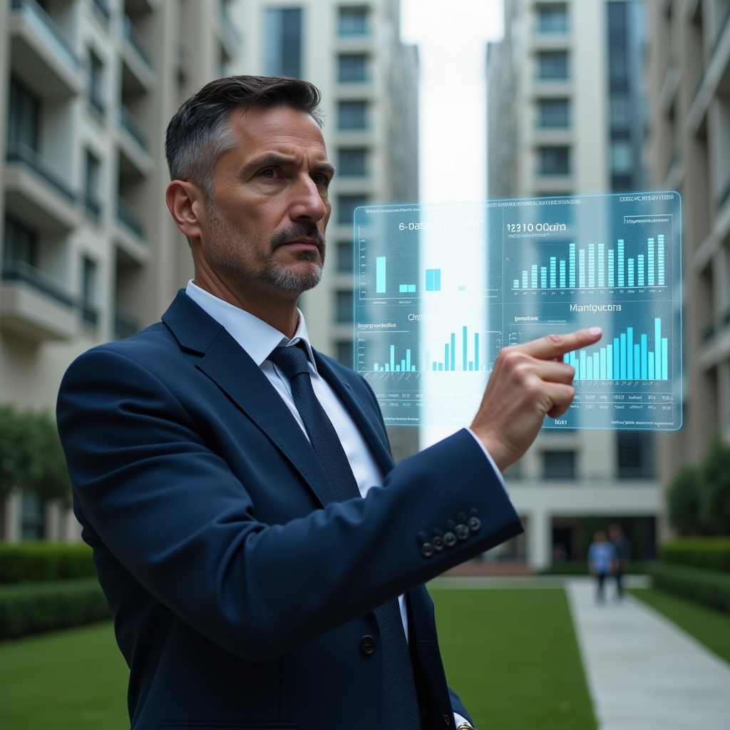 Ultra-realistic condominium manager in a tailored navy suit, set in a modern luxury condominium environment with high-rise buildings and manicured green landscaping, interacting with a floating holographic financial dashboard showing dynamic charts and digital reports, confident and focused expression, cinematic lighting, shallow depth of field, highly detailed textures, realistic skin, photographic realism, 8k resolution --ar 1:1 --v 6