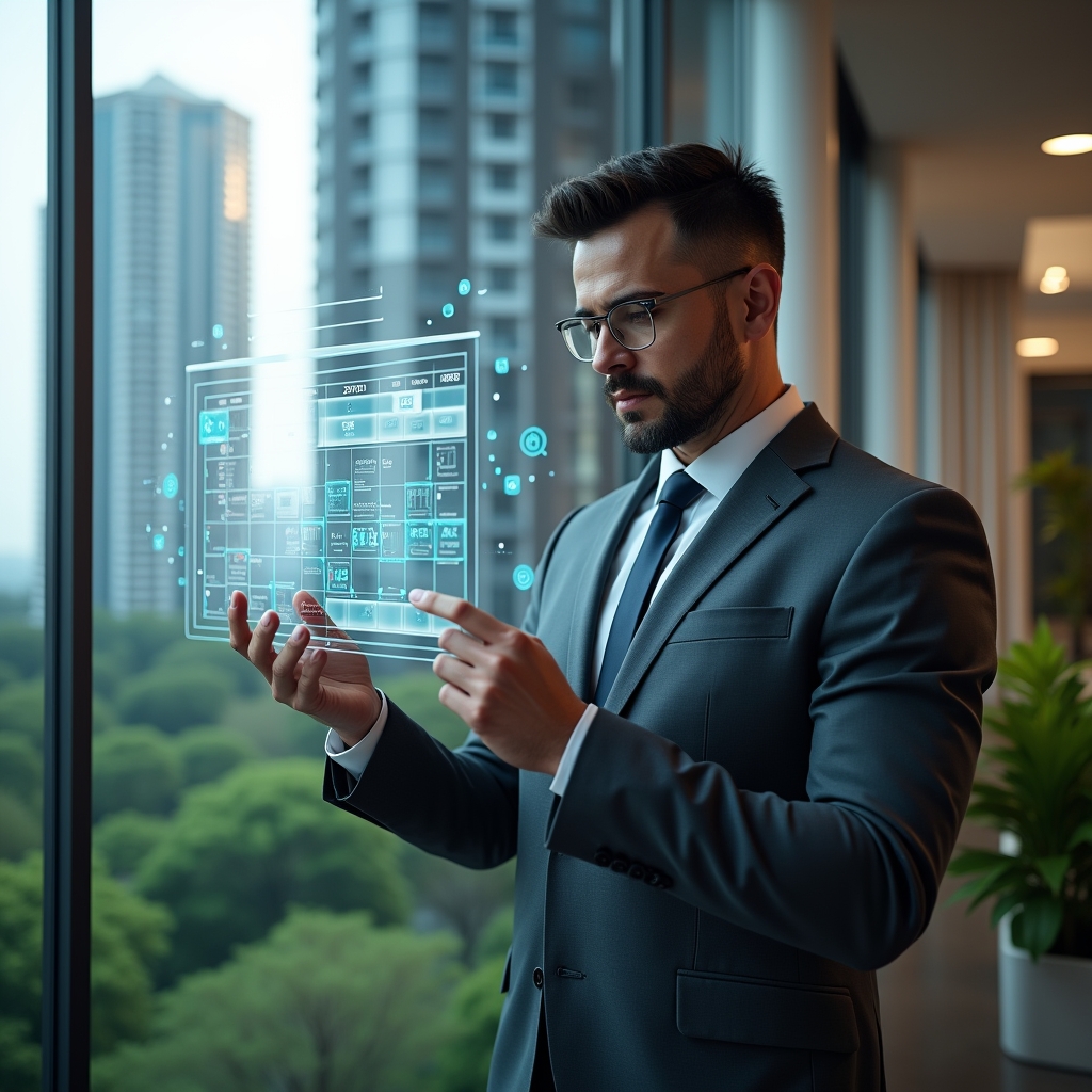 Ultra-realistic condominium manager in a dark gray executive suit, set in a modern luxury condominium environment with high-rise buildings and lush green landscaping, examining a holographic calendar interface with floating task icons and gears, confidently tapping on digital monthly, quarterly, and annual schedule elements, cinematic lighting, shallow depth of field, highly detailed textures, realistic skin, photographic realism, 8k resolution --ar 1:1 --v 6