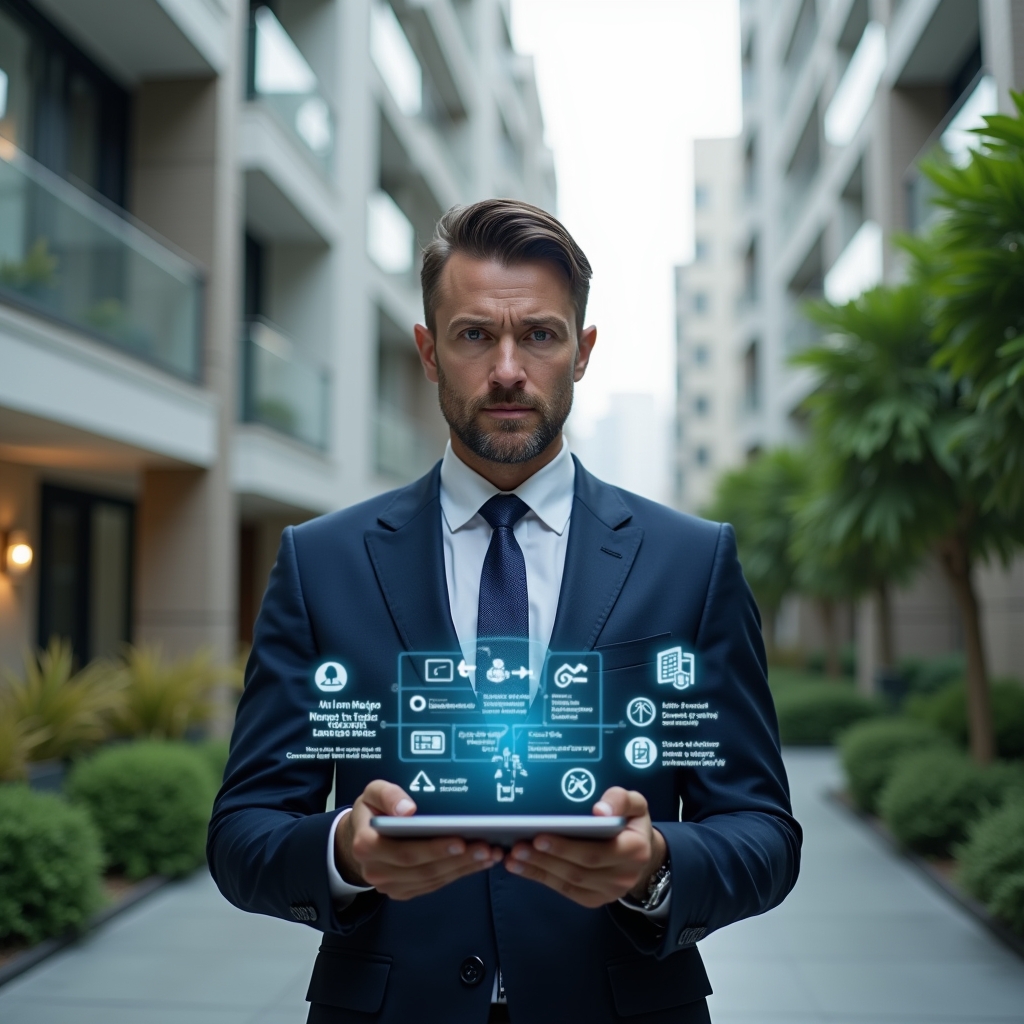 Ultra-realistic building manager in a tailored navy suit, set in a modern luxury condominium environment with high-rise buildings and lush green landscaping, holding a tablet displaying a holographic maintenance schedule and floating tool icons, confident and focused expression, cinematic lighting, shallow depth of field, highly detailed textures, realistic skin, photographic realism, 8k resolution --ar 1:1 --v 6