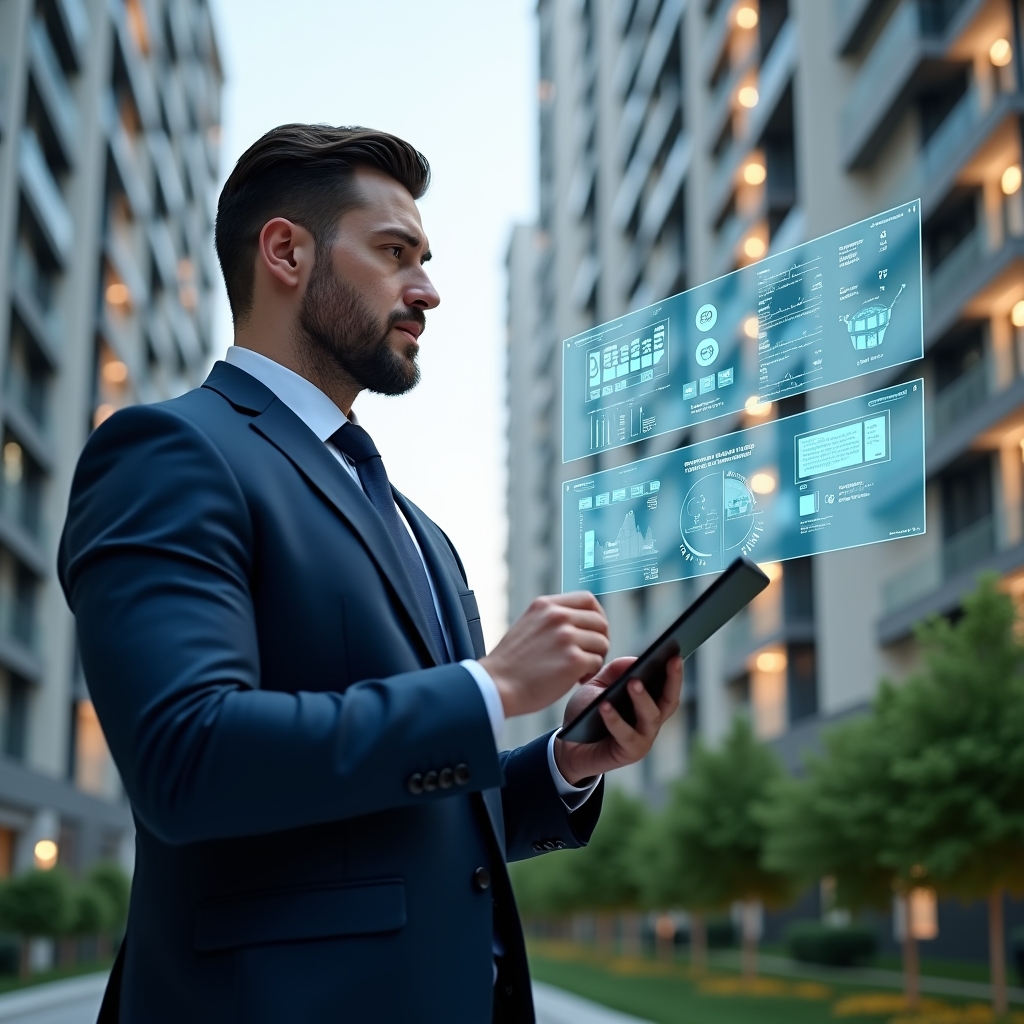 (Ultra-realistic condominium manager in a navy blue suit, set in a modern luxury condominium environment with high-rise buildings and manicured green landscaping, examining a holographic financial dashboard and digital process flowchart with a tablet in hand, conveying confidence and focus, cinematic lighting, shallow depth of field, highly detailed textures, realistic skin, photographic realism, 8k resolution --ar 1:1 --v 6)