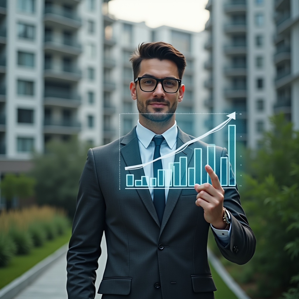(Ultra-realistic condominium manager in a tailored charcoal suit, set in a modern luxury condominium environment with high-rise buildings and lush green landscaping, close-up shot of the manager confidently reviewing and pointing at a floating holographic financial chart display symbolizing transparent accounting processes, cinematic lighting, shallow depth of field, highly detailed textures, realistic skin, photographic realism, 8k resolution --ar 1:1 --v 6)