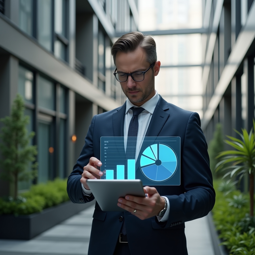 (Ultra-realistic condominium manager in a tailored navy suit, set in a modern luxury condominium environment with high-rise buildings and manicured green landscaping, mid-shot close-up of a confident professional holding a tablet displaying a holographic budget chart, gesturing thoughtfully toward a 3D pie-chart overlay symbolizing expense control, cinematic lighting, shallow depth of field, highly detailed textures, realistic skin, photographic realism, 8k resolution --ar 1:1 --v 6)