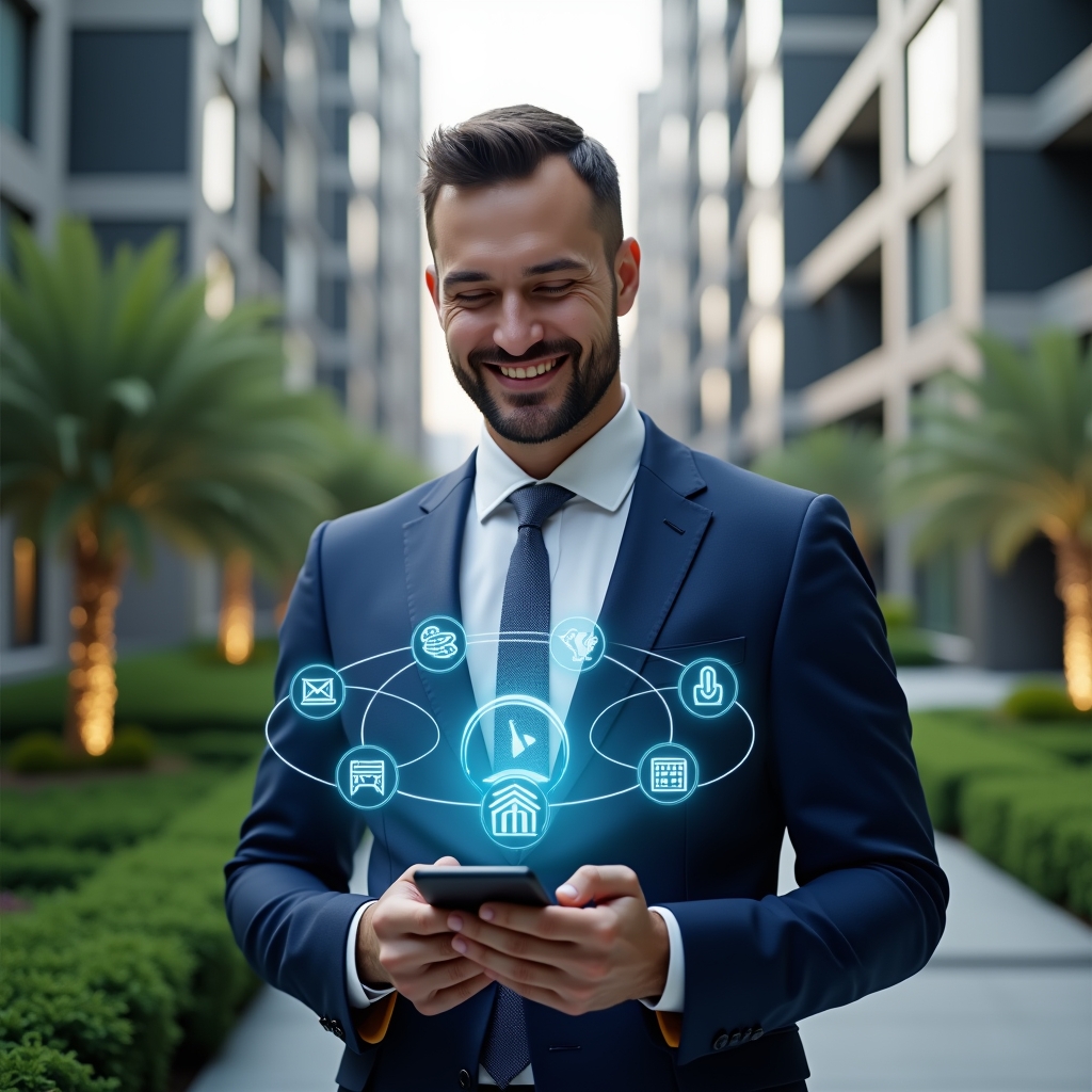 (Ultra-realistic condominium manager in a navy blue suit, set in a modern luxury condominium environment with high-rise buildings and manicured green landscaping, holding a smartphone displaying holographic management icons representing communication, reservations and financial reports, smiling confidently as they interact with the app, cinematic lighting, shallow depth of field, highly detailed textures, realistic skin, photographic realism, 8k resolution --ar 1:1 --v 6)