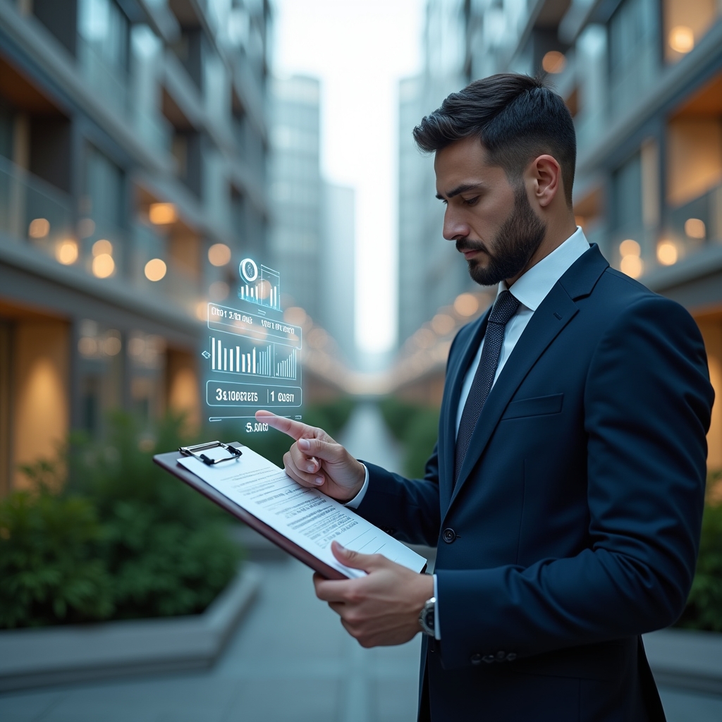 (Ultra-realistic condominium manager in a navy blue suit, set in a modern luxury condominium environment with high-rise buildings and green landscaping, reviewing a holographic budget chart floating above a clipboard and pointing at highlighted expense cuts, confident and focused expression, holographic icons of coins and graphs symbolizing cost reduction, cinematic lighting, shallow depth of field, highly detailed textures, realistic skin, photographic realism, 8k resolution --ar 1:1 --v 6)