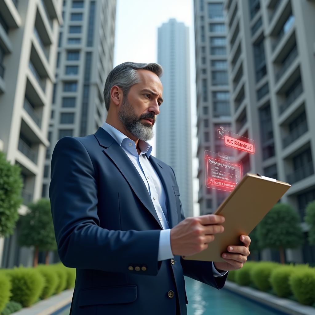Ultra-realistic property manager in a navy blue suit, set in a modern luxury condominium environment with high-rise buildings and green landscaping, examining a holographic maintenance schedule with red error markers hovering above a digital clipboard, looking thoughtfully concerned, cinematic lighting, shallow depth of field, highly detailed textures, realistic skin, photographic realism, 8k resolution --ar 1:1 --v 6