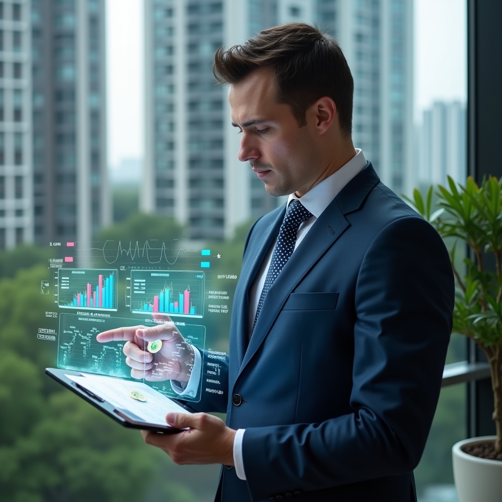 (Ultra-realistic condominium manager in a navy tailored suit, set in a modern luxury condominium environment with high-rise buildings and lush green landscaping, reviewing transparent holographic financial charts projected above a ledger, holding a digital tablet and pointing at a colorful bar graph, holographic icons of coins and documents floating around, confident and focused expression, cinematic lighting, shallow depth of field, highly detailed textures, realistic skin, photographic realism, 8k resolution --ar 1:1 --v 6)