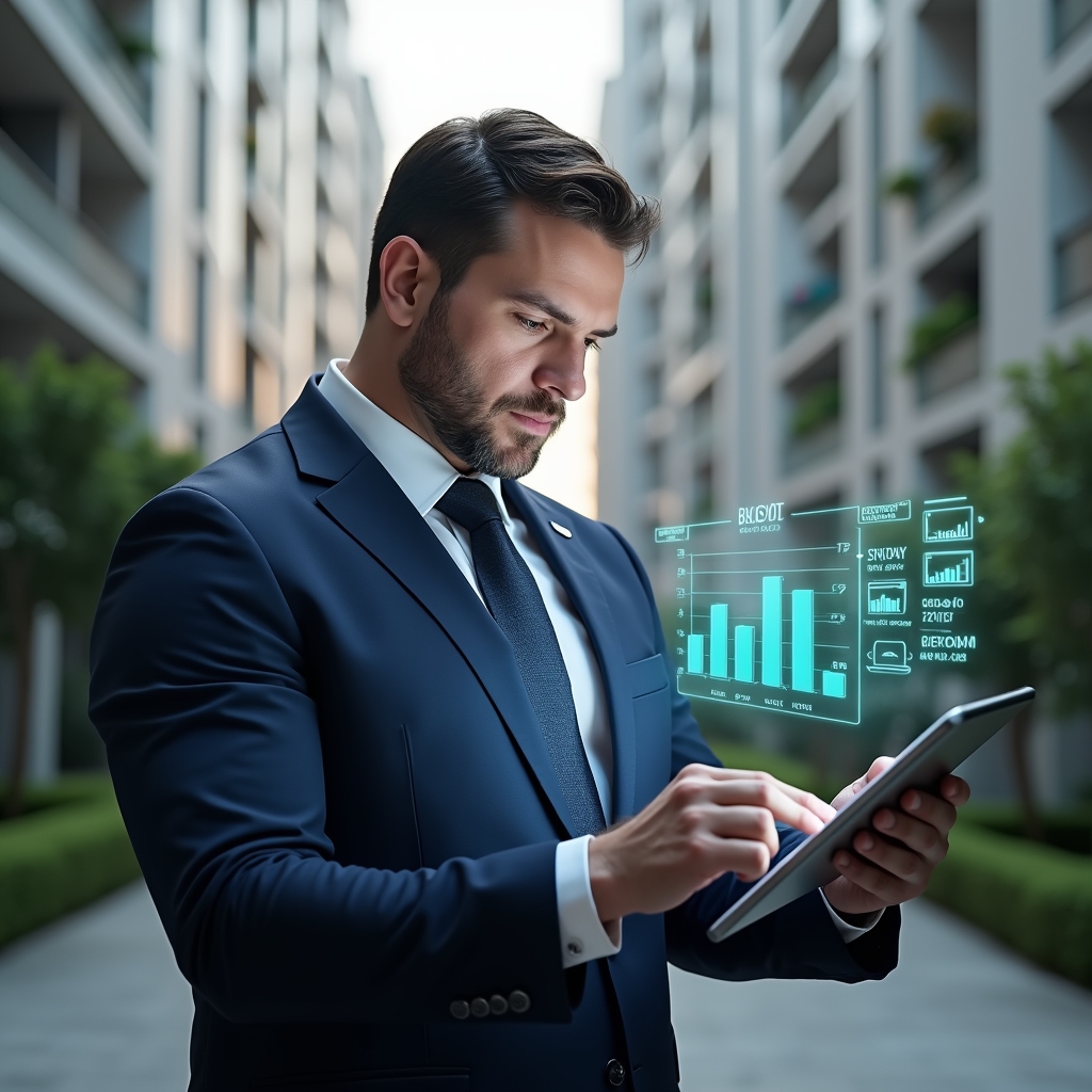 Ultra-realistic condominium manager in a tailored navy blue suit, set in a modern luxury condominium environment with high-rise buildings and meticulously landscaped gardens, medium shot of the professional reviewing a tablet that projects a holographic budget chart and repair tool icons, confident and focused expression, cinematic lighting, shallow depth of field, highly detailed textures, realistic skin, photographic realism, 8k resolution --ar 1:1 --v 6
