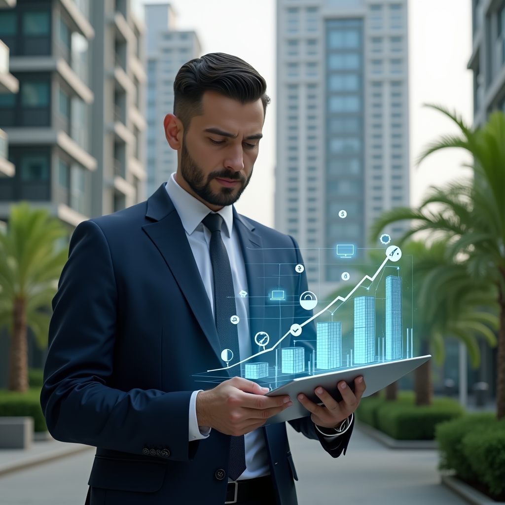 (Ultra-realistic condominium manager in a tailored navy suit, set in a modern luxury condominium environment with high-rise buildings and lush green landscaping, confidently reviewing a holographic budget chart on a transparent tablet, surrounded by floating icons of tools, coins, and descending cost graphs symbolizing savings, cinematic lighting, shallow depth of field, highly detailed textures, realistic skin, photographic realism, 8k resolution --ar 1:1 --v 6)