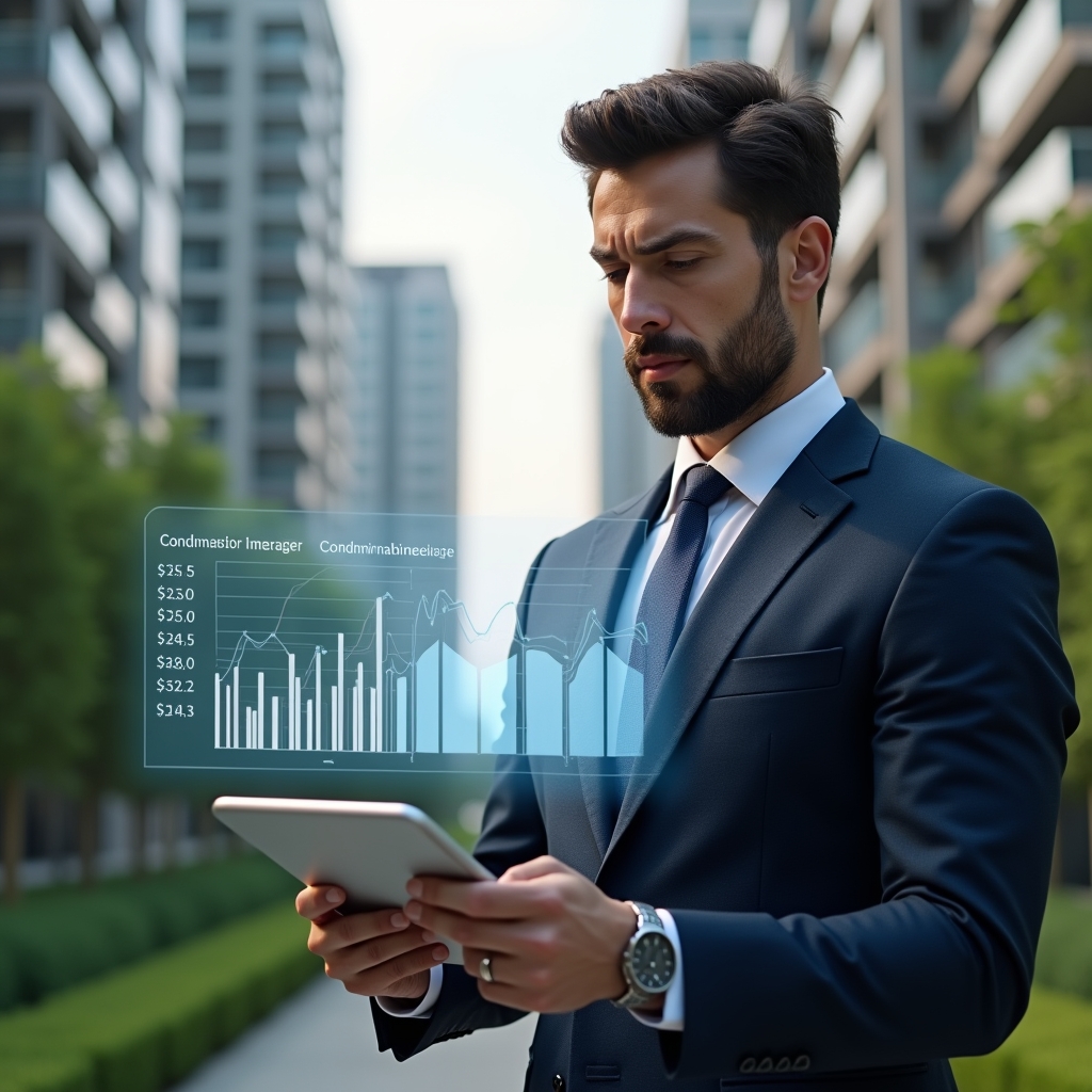 (Ultra-realistic condominium manager in a tailored navy suit, set in a modern luxury condominium environment with high-rise buildings and meticulously manicured green landscaping, reviewing a floating holographic budget chart with confident, thoughtful expression, holding a digital tablet displaying cost-saving graphs, cinematic lighting, shallow depth of field, highly detailed textures, realistic skin, photographic realism, 8k resolution --ar 1:1 --v 6)