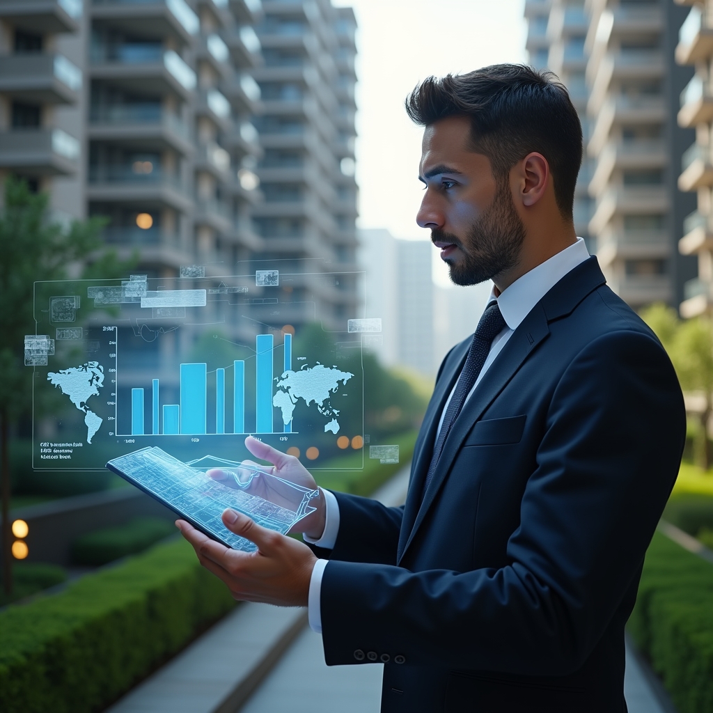 (Ultra-realistic condominium manager in a tailored dark navy suit, set in a modern luxury condominium environment with high-rise buildings and lush green landscaping, analyzing a holographic budget chart while reviewing cost-saving strategies, floating icons of money, blueprints and gears symbolizing efficient planning, confident and focused expression, cinematic lighting, shallow depth of field, highly detailed textures, realistic skin, photographic realism, 8k resolution --ar 1:1 --v 6)