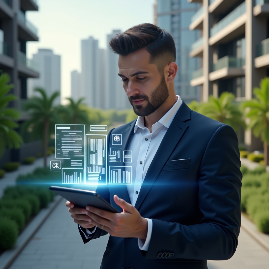 (Ultra-realistic condominium manager in a tailored navy suit, set in a modern luxury condominium environment with high-rise buildings and lush green landscaping, reviewing a digital tablet with a confident expression as holographic cost-reduction charts and icons float above the screen, cinematic lighting, shallow depth of field, highly detailed textures, realistic skin, photographic realism, 8k resolution --ar 1:1 --v 6)