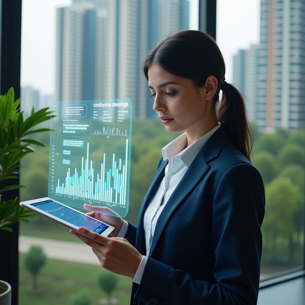 (Ultra-realistic condominium manager in a tailored navy suit, set in a modern luxury condominium environment with high-rise buildings and lush green landscaping, confidently reviewing a tablet displaying floating holographic budget charts, a semi-transparent 3D cost-saving graph hologram beside her, cinematic lighting, shallow depth of field, highly detailed textures, realistic skin, photographic realism, 8k resolution --ar 1:1 --v 6)