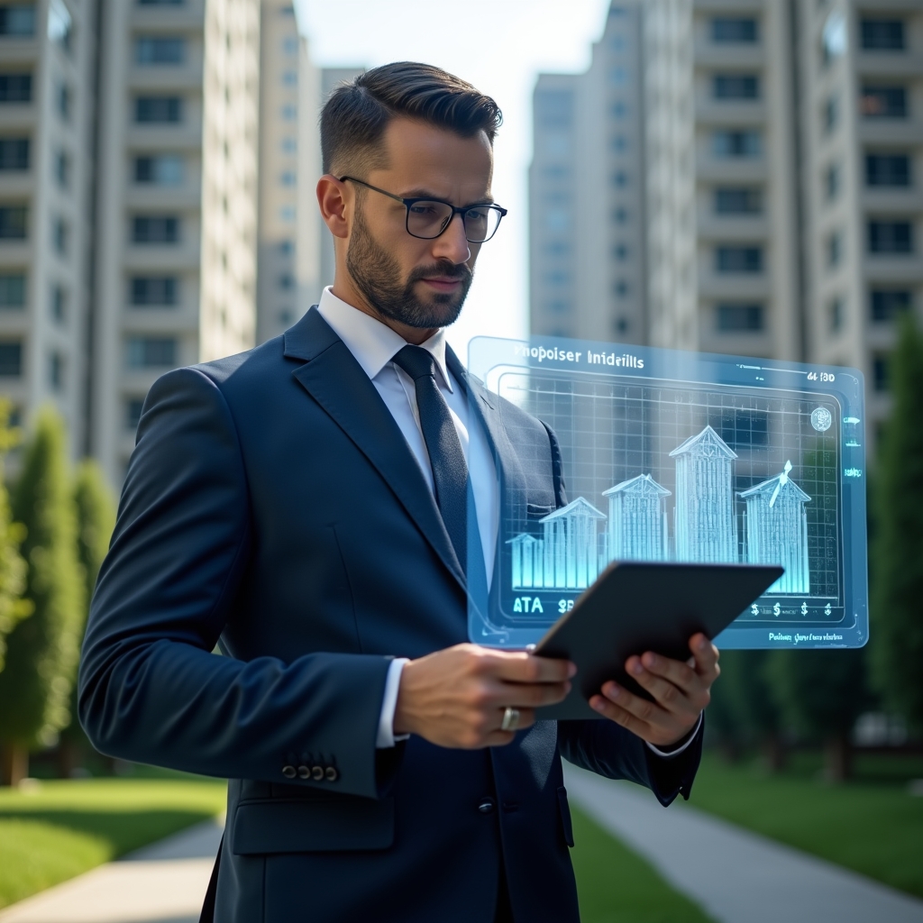 (Ultra-realistic condominium manager in a tailored dark blue suit, set in a modern luxury condominium environment with high-rise buildings and manicured green landscaping, holding a tablet and examining a holographic 3D budget chart with downward cost arrows, confident and focused expression, with semi-transparent icons of tools and blueprints floating beside, cinematic lighting, shallow depth of field, highly detailed textures, realistic skin, photographic realism, 8k resolution --ar 1:1 --v 6)