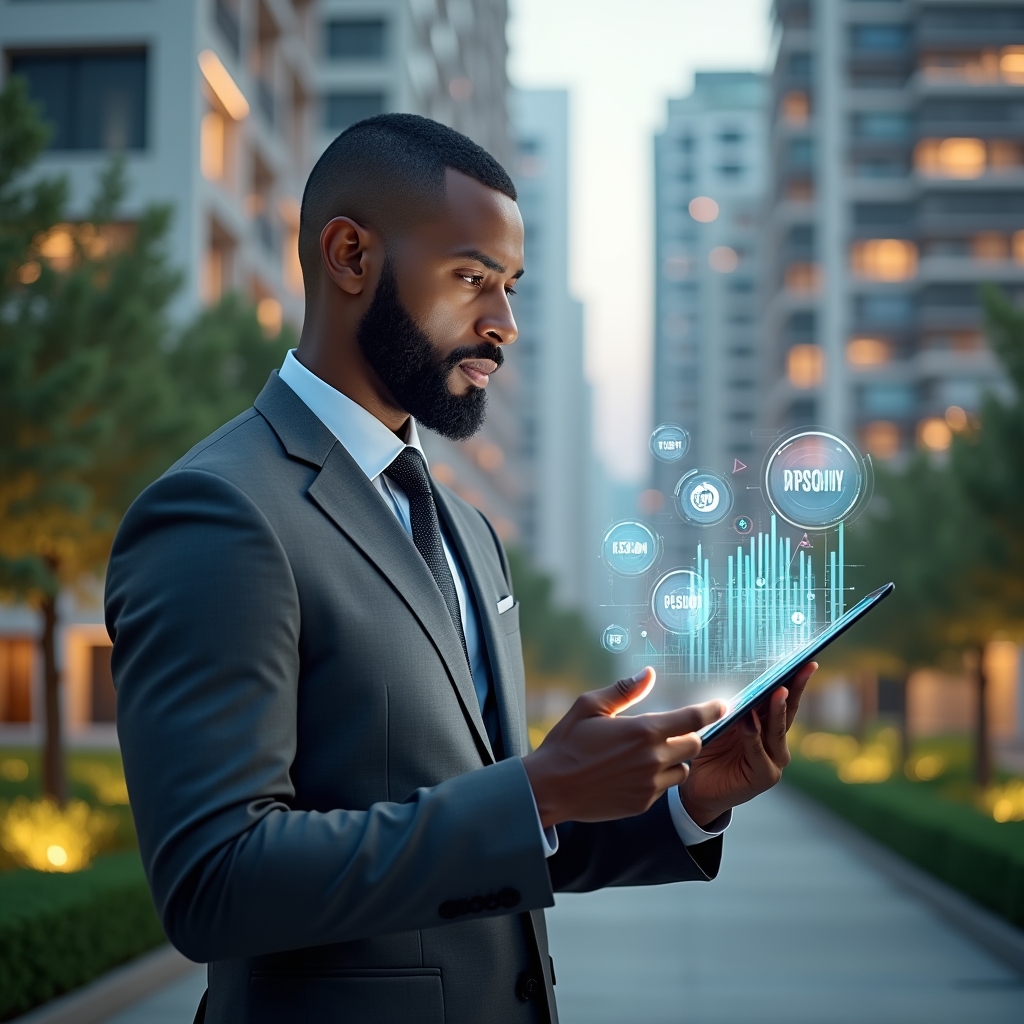 (Ultra-realistic condominium manager in a tailored charcoal gray suit, set in a modern luxury condominium environment with high-rise buildings and lush green landscaping, holding a transparent digital tablet displaying holographic cost-reduction charts, confidently analyzing interactive financial icons and gear symbols floating beside them, cinematic lighting, shallow depth of field, highly detailed textures, realistic skin, photographic realism, 8k resolution --ar 1:1 --v 6)