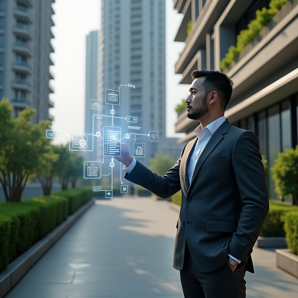(Ultra-realistic condominium manager in a charcoal gray executive suit, set in a modern luxury condominium environment with high-rise buildings and manicured green landscaping, standing in a medium shot while interacting with a semi-transparent holographic interface displaying icons for billing, reservation calendar and chat messages, symbols of financial graphs and calendar widgets floating beside them, cinematic lighting, shallow depth of field, highly detailed textures, realistic skin, photographic realism, 8k resolution --ar 1:1 --v 6)