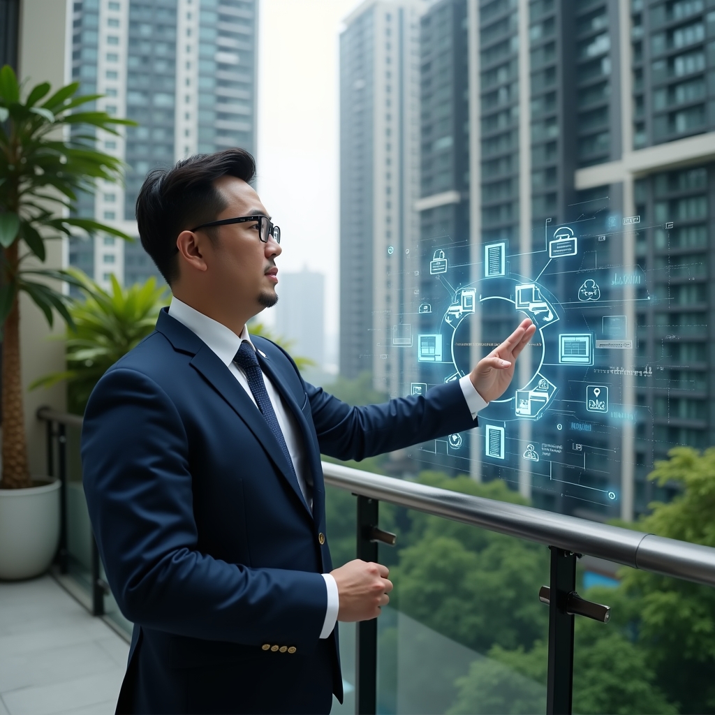 Ultra-realistic condominium manager in a tailored navy suit, set in a modern luxury condominium environment with high-rise buildings and lush greenery, holding a holographic interface displaying icons for reservations, messaging, finance, security and analytics, confidently interacting with the virtual controls, cinematic lighting, shallow depth of field, highly detailed textures, realistic skin, photographic realism, 8k resolution --ar 1:1 --v 6