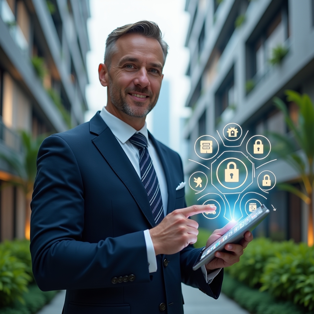 Ultra-realistic condominium manager in a navy business suit, set in a modern luxury condominium environment with high-rise buildings and lush green landscaping, holding a tablet with holographic floating icons for communication, finance and security, confidently pointing at the app dashboard, cinematic lighting, shallow depth of field, highly detailed textures, realistic skin, photographic realism, 8k resolution --ar 1:1 --v 6