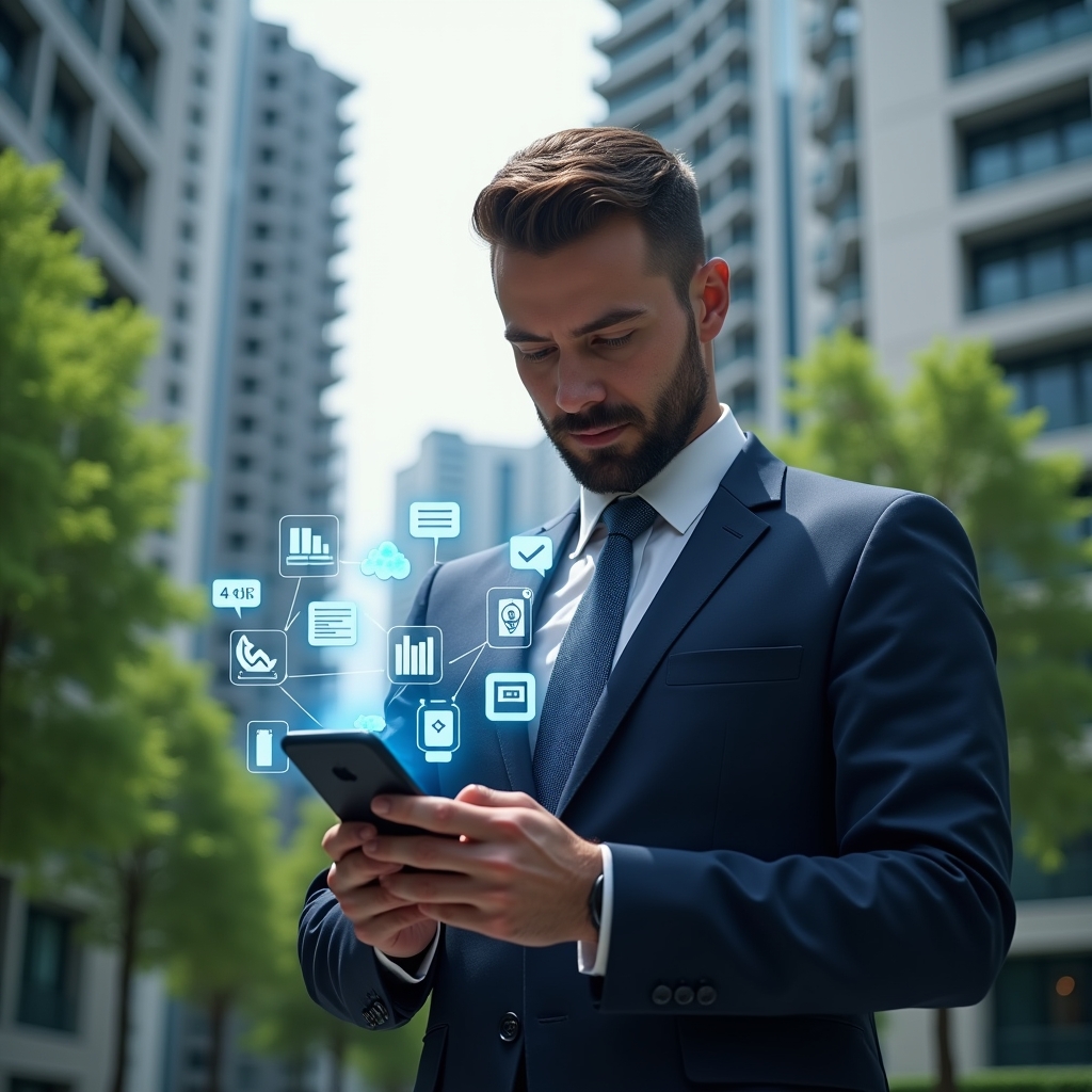 (Ultra-realistic condominium manager in a navy business suit, set in a modern luxury condominium environment with high-rise buildings and lush green landscaping, holding a smartphone with floating holographic icons representing financial charts, chat bubbles, calendar reservations, maintenance tools, and a security shield, confidently analyzing the interface, cinematic lighting, shallow depth of field, highly detailed textures, realistic skin, photographic realism, 8k resolution --ar 1:1 --v 6)