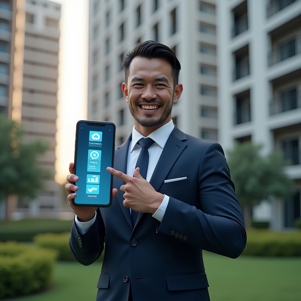 Ultra-realistic condominium manager in a navy suit, set in a modern luxury condominium environment with high-rise buildings and manicured green landscaping, holding a holographic smartphone interface displaying five app function icons (access control, chat, finance, maintenance, online voting), confidently pointing at the hologram with a slight smile, cinematic lighting, shallow depth of field, highly detailed textures, realistic skin, photographic realism, 8k resolution --ar 1:1 --v 6