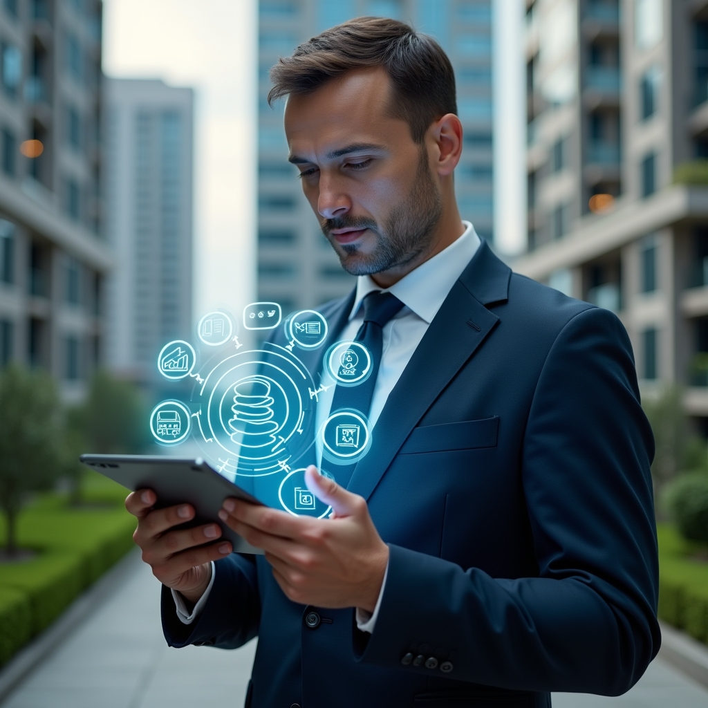 (Ultra-realistic condominium property manager in a tailored navy blue suit, set in a modern luxury condominium environment with high-rise buildings and manicured green landscaping, holding a transparent holographic tablet displaying icons for reservations, financial charts, chat bubbles, maintenance tools, and security shields, confidently analyzing the interface, cinematic lighting, shallow depth of field, highly detailed textures, realistic skin, photographic realism, 8k resolution --ar 1:1 --v 6)