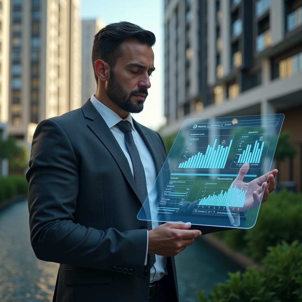 Ultra-realistic condominium manager in a tailored dark gray suit, set in a modern luxury condominium environment with high-rise buildings and lush green landscaping, reviewing floating holographic charts and graphs representing financial, operational, and satisfaction indicators on a digital dashboard, confident and focused expression, cinematic lighting, shallow depth of field, highly detailed textures, realistic skin, photographic realism, 8k resolution --ar 1:1 --v 6