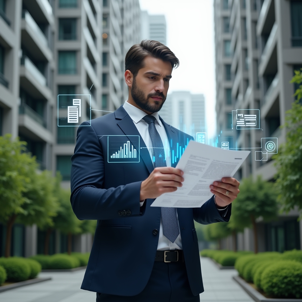 Ultra-realistic condominium manager in a tailored navy suit, set in a modern luxury condominium environment with high-rise buildings and manicured green landscaping, holding and examining holographic financial reports displaying charts and graphs, confident and focused expression, symbolic floating icons of documents and data streams around them, cinematic lighting, shallow depth of field, highly detailed textures, realistic skin, photographic realism, 8k resolution --ar 1:1 --v 6