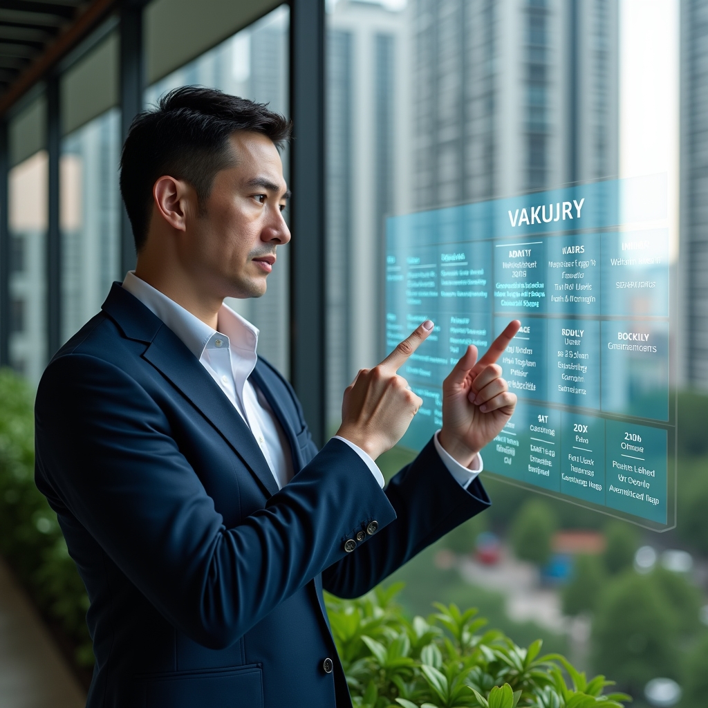 Ultra-realistic condominium manager in a navy executive suit, set in a modern luxury condominium environment with high-rise buildings and lush green landscaping, pointing at a holographic calendar interface displaying a weekly activity timeline, floating task and event icons surrounding the display, confident and focused expression, cinematic lighting, shallow depth of field, highly detailed textures, realistic skin, photographic realism, 8k resolution --ar 1:1 --v 6
