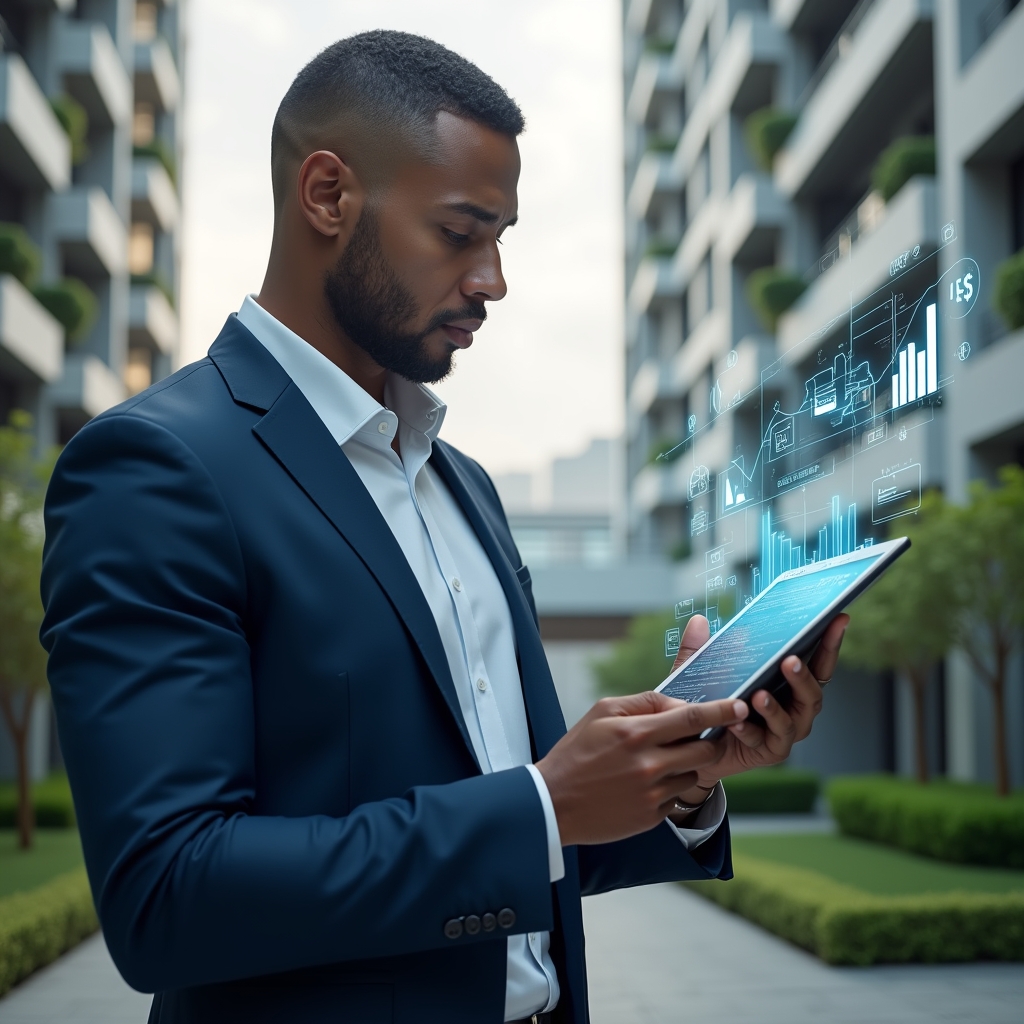 Ultra-realistic condominium manager in a navy blue suit, set in a modern luxury condominium environment with high-rise buildings and manicured green landscaping, analyzing holographic financial reports on a tablet and gesturing confidently, floating graphs and currency icons symbolizing transparent accounting, cinematic lighting, shallow depth of field, highly detailed textures, realistic skin, photographic realism, 8k resolution --ar 1:1 --v 6