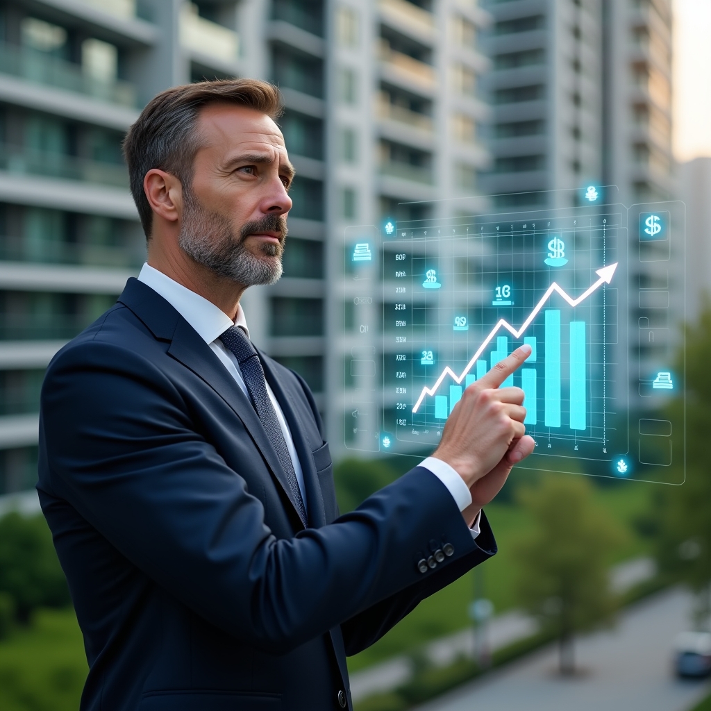 (Ultra-realistic condominium manager in a dark navy suit, set in a modern luxury condominium environment with high-rise buildings and lush green landscaping, pointing at a floating holographic financial chart showing downward cost reduction arrows and budget icons, confident and thoughtful expression, cinematic lighting, shallow depth of field, highly detailed textures, realistic skin, photographic realism, 8k resolution --ar 1:1 --v 6)