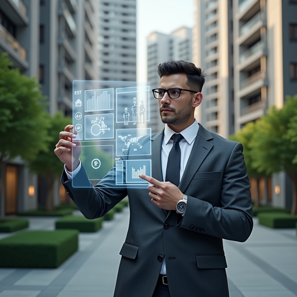Ultra-realistic condominium manager in a charcoal gray executive suit, set in a modern luxury condominium environment with high-rise buildings and manicured green landscaping, reviewing holographic financial charts and a digital checklist of five steps with a confident, focused expression, floating accounting icons and translucent ledger pages around, cinematic lighting, shallow depth of field, highly detailed textures, realistic skin, photographic realism, 8k resolution --ar 1:1 --v 6