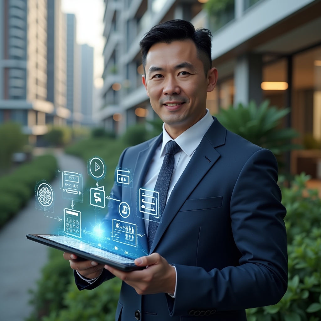 (Ultra-realistic condominium manager in a tailored navy suit, set in a modern luxury condominium environment with high-rise buildings and lush green landscaping, holding a digital tablet projecting a holographic interface of charts, calendars and communication icons representing digital management, confident and engaged expression, cinematic lighting, shallow depth of field, highly detailed textures, realistic skin, photographic realism, 8k resolution --ar 1:1 --v 6)
