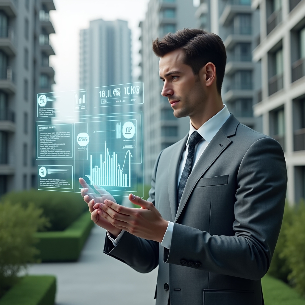 Ultra-realistic condominium manager in a tailored gray suit, set in a modern luxury condominium environment with high-rise buildings and manicured green landscaping, confidently interacting with a holographic interface displaying invoices, automated billing icons and rising financial graphs, conveying efficiency and control, cinematic lighting, shallow depth of field, highly detailed textures, realistic skin, photographic realism, 8k resolution --ar 1:1 --v 6