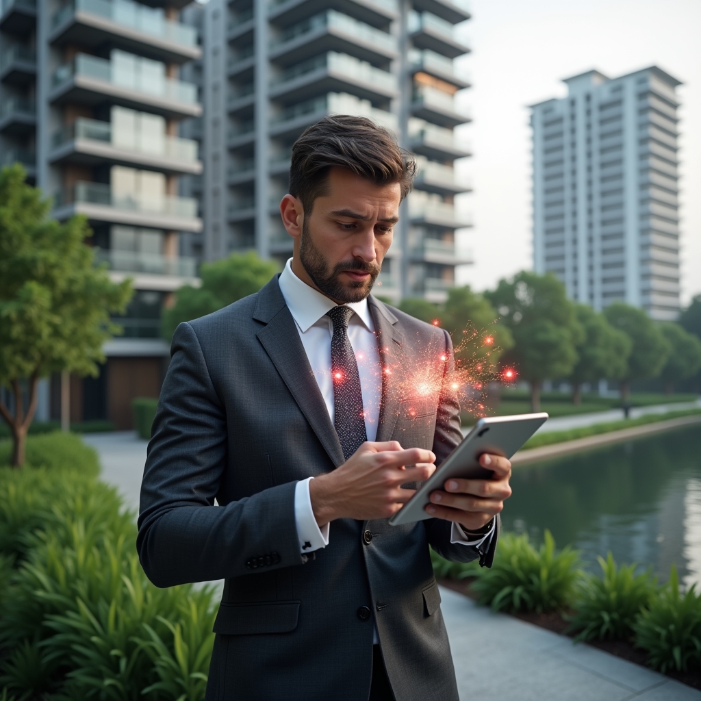 Ultra-realistic condo manager in a charcoal gray suit, set in a modern luxury condominium environment with high-rise buildings and lush green landscaping, holding a tablet and examining a holographic broken app interface with red warning icons, expression concerned yet determined, cinematic lighting, shallow depth of field, highly detailed textures, realistic skin, photographic realism, 8k resolution --ar 1:1 --v 6