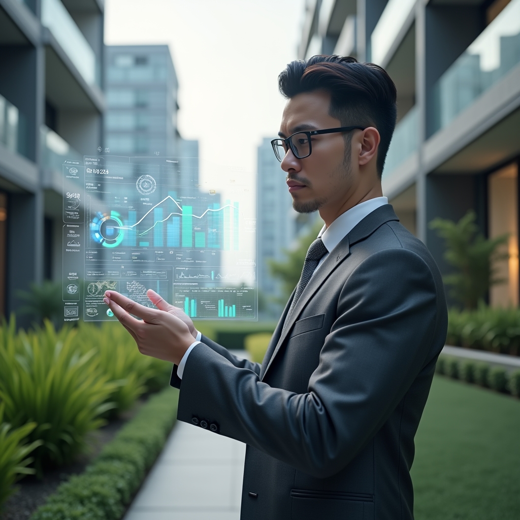Ultra-realistic condominium manager in a charcoal gray executive suit, set in a modern luxury condominium environment with high-rise buildings and pristine green landscaping, analyzing a holographic financial dashboard of digital reports in mid-air, confident and focused expression, floating transparent charts and icons symbolizing digital accounting, cinematic lighting, shallow depth of field, highly detailed textures, realistic skin, photographic realism, 8k resolution --ar 1:1 --v 6