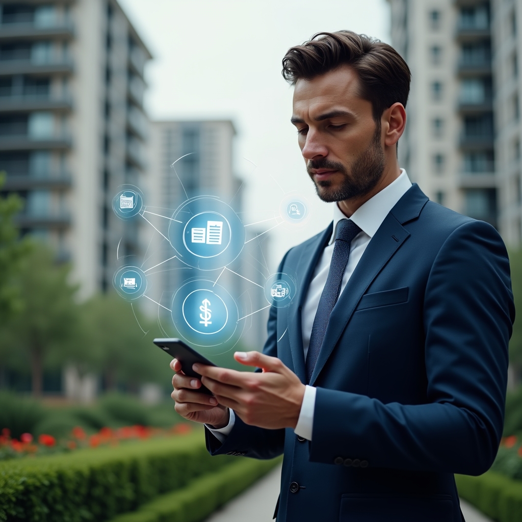 (Ultra-realistic condominium manager in a tailored navy suit, set in a modern luxury condominium environment with high-rise buildings and manicured greenery, holding a smartphone and interacting with a floating holographic interface displaying icons for communication, scheduling, and finance, confident expression, cinematic lighting, shallow depth of field, highly detailed textures, realistic skin, photographic realism, 8k resolution --ar 1:1 --v 6)