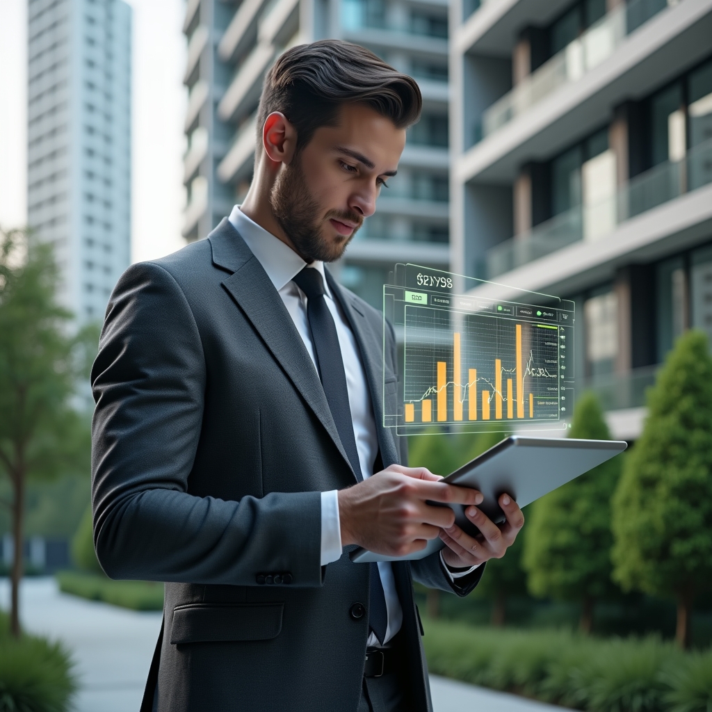 (Ultra-realistic condominium manager in a charcoal gray business suit, set in a modern luxury condominium environment with high-rise buildings and lush green landscaping, confidently reviewing a holographic financial dashboard hovering above a sleek tablet, transparent floating charts and graphs symbolizing real-time accounting transparency, cinematic lighting, shallow depth of field, highly detailed textures, realistic skin, photographic realism, 8k resolution --ar 1:1 --v 6)